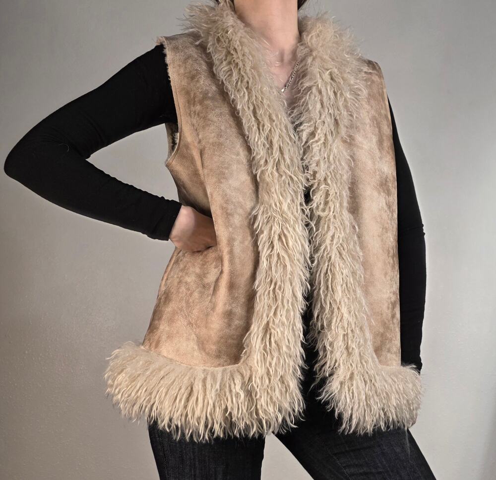Faux Suede Shaggy Faux Fur Trim Vest S Boho Penny Lane Western NWT Penny Lane